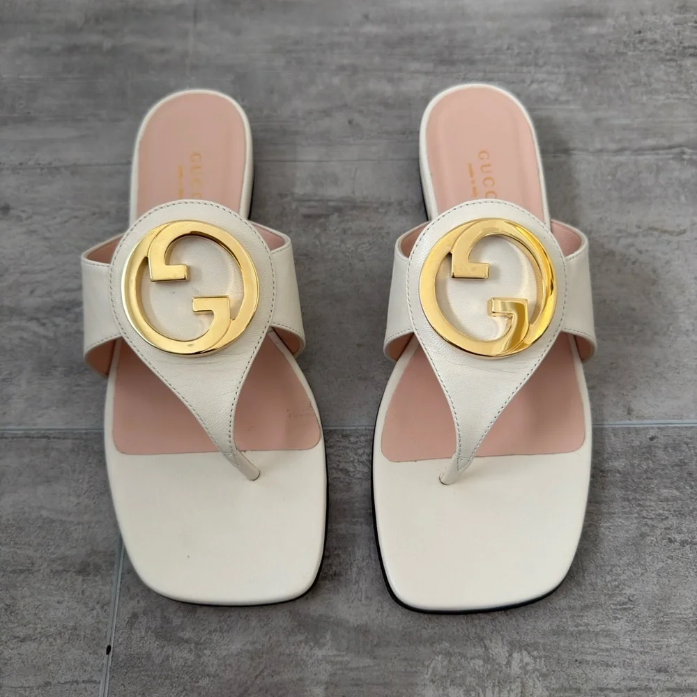 Gucci Blondie GG Logo Leather Thong Flip Flop Flat Sandals Shoes Size 7 NWT - Picture 8 of 16